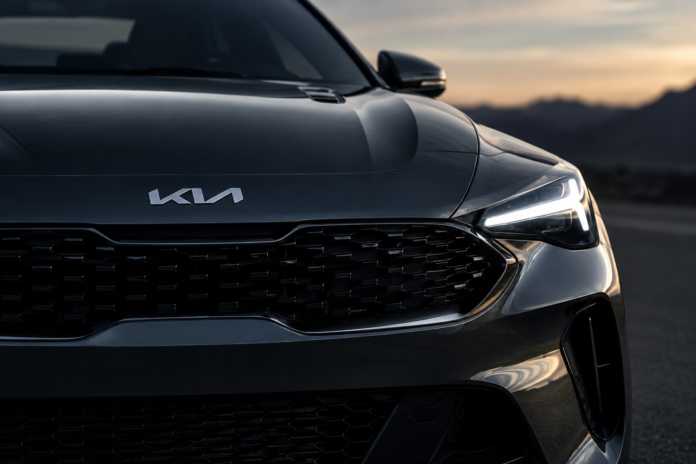 Kia – възможен спортен флагман от ранга на Nissan GT-R Детайл от предната част на спортен автомобил Kia с LED фар и емблема на марката