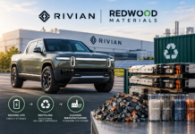 Rivian разширява партньорството си с Redwood Materials за рециклиране на батерии и захранване на завода си Електрически пикап Rivian пред завод с батерии за рециклиране и материали за повторна употреба