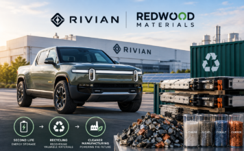Rivian разширява партньорството си с Redwood Materials за рециклиране на батерии и захранване на завода си Електрически пикап Rivian пред завод с батерии за рециклиране и материали за повторна употреба