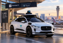 Waymo започна да превозва пътници до летището в Лас Вегас Автономно такси Waymo пред летище Harry Reid в Лас Вегас