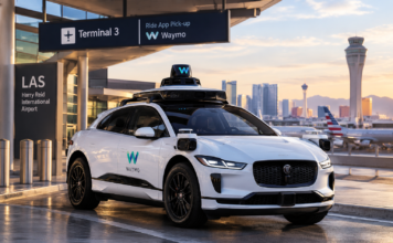 Waymo започна да превозва пътници до летището в Лас Вегас Автономно такси Waymo пред летище Harry Reid в Лас Вегас